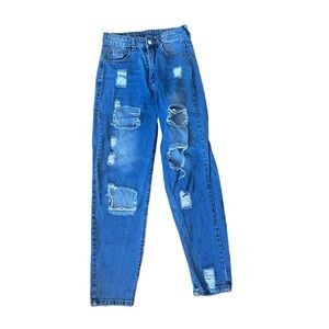 Small Dark Wash Distressed Straight Baggy Jeans